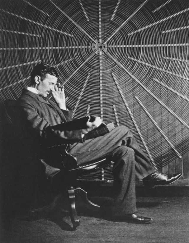 New 5x7 Photo Nikola Tesla Reading in Laboratory Electricity Double-Exposure 